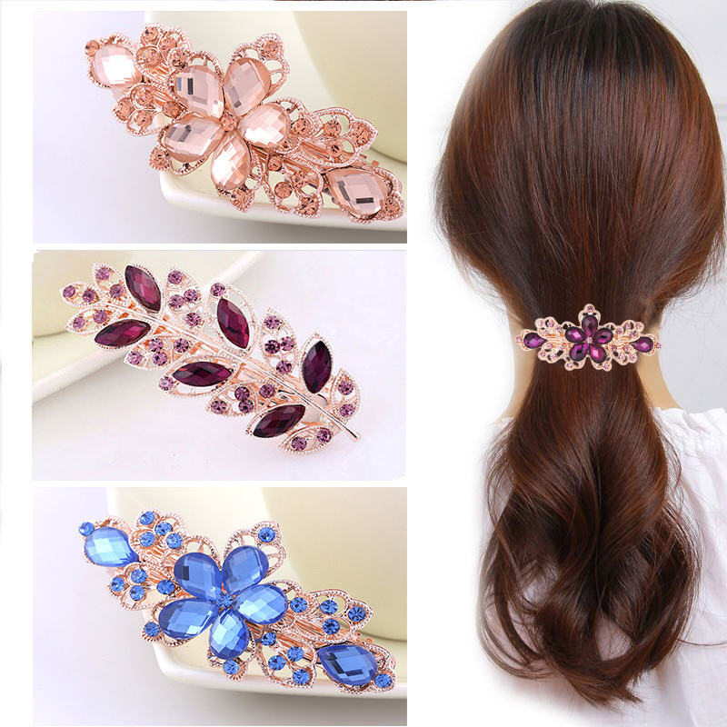 Large Korean Crystal Diamond Spring Hairpin Ponytail Rhinestone Hairpin Headdress Flowers Horizontal Clip Ornament Wholesale Simple