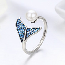 跨境爆款饰品S925纯银开口可调节女镶钻戒指时尚人鱼珍珠指环手饰
