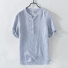 新款亚麻日系条纹男士T恤休闲文艺青年开衫衬衣男装一件代发1859