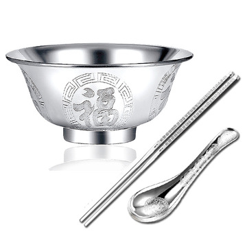 银碗食用银999千足银餐具纯银筷银勺手工云南雪花银高档礼物套装