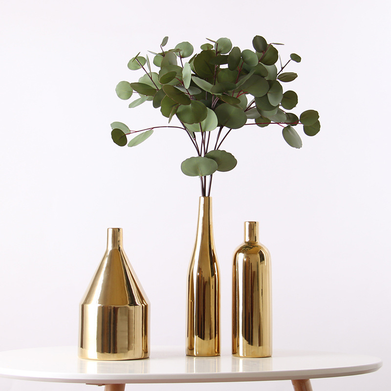 Nordic Ins Golden Electroplating Crafts Ceramic Vase Model Room Home Decoration Three-Piece Set Wholesale