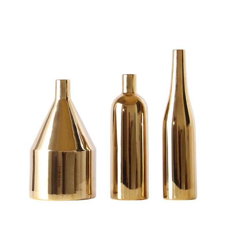 Nordic Ins Golden Electroplating Crafts Ceramic Vase Model Room Home Decoration Three-Piece Set Wholesale