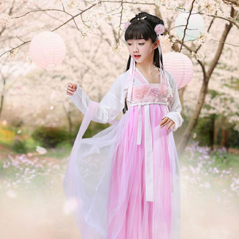 儿童古装小仙女飘逸防掉带齐胸襦裙汉服淑女演奏古筝秀丽表演服装