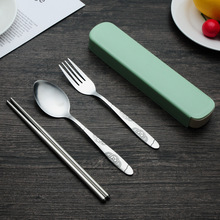 儿童餐具不锈钢韩国套装抽拉盒旅行勺子筷子三件套礼品印制logo