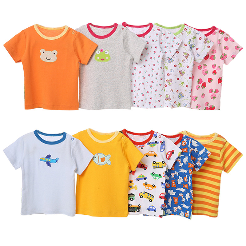 Cross-Border Foreign Trade Wholesale 2024 New Spring and Summer Clothing European and American Open Shoulder Rib Cloth Short Sleeves for Baby and Infants T-shirt 5 Pieces