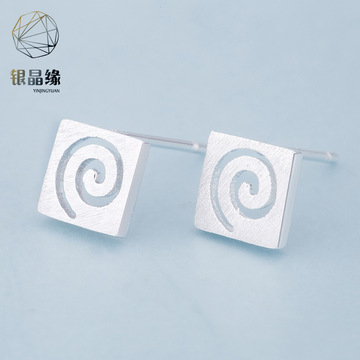 厂家直销女铜镀银耳饰韩版几何形镂空耳钉简约方形圈圈银耳环批发