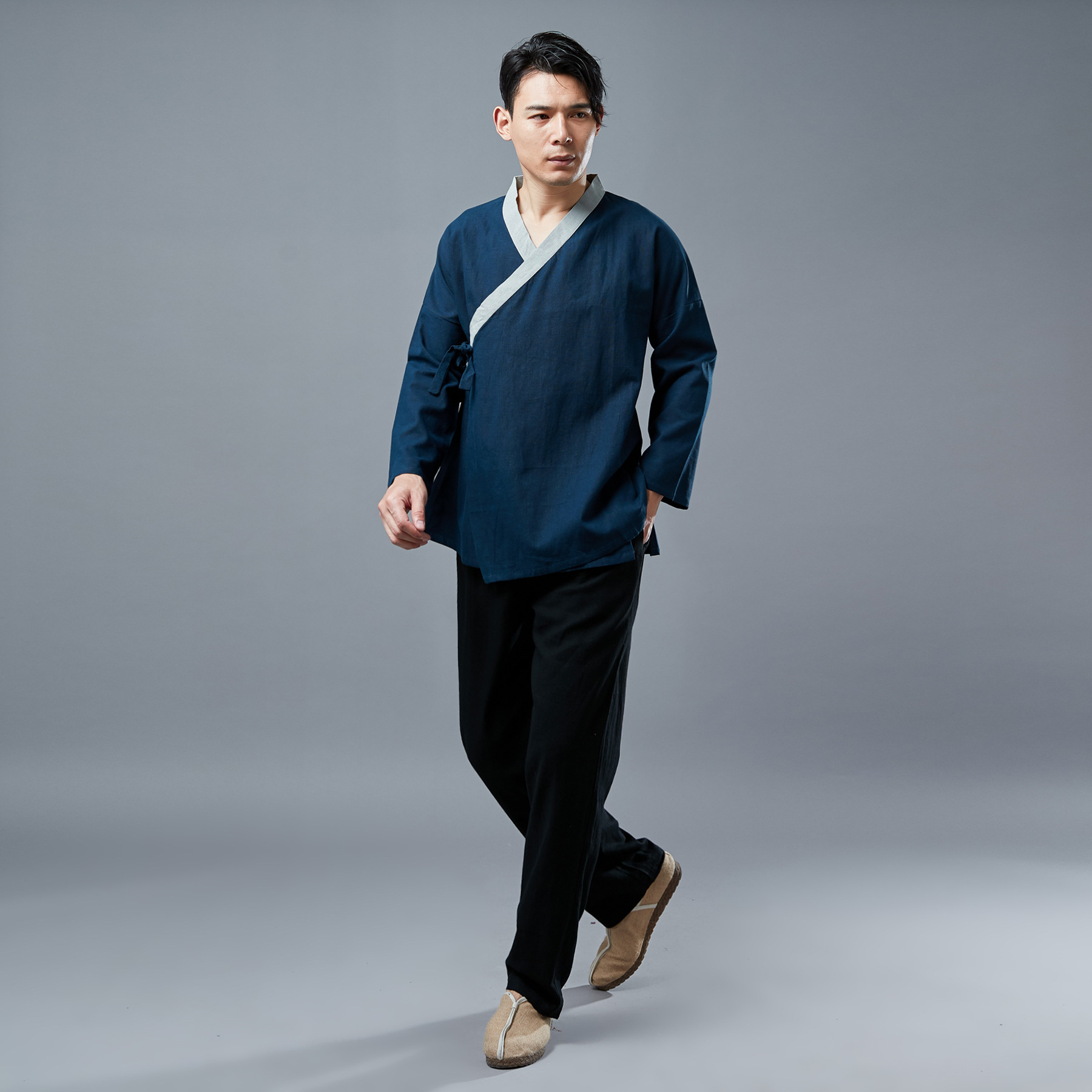 23夏季新款 拼色汉服男 中国风休闲民族服装苎麻男装上衣产地货源