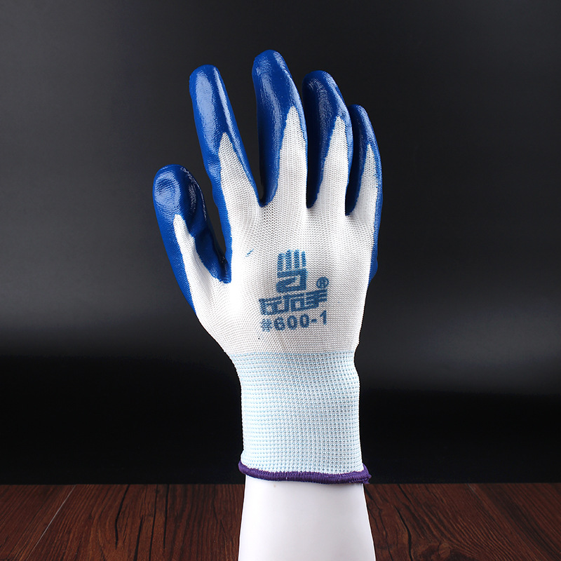 Labor Protection Gloves 13 Needles Nylon Nitrile Gloves White Yarn Lan Ding Qing Rubber Hanged Dipping Oil-Resistant Wear-Resistant Blue Tape Tab Leather Gloves