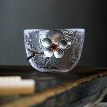 日式锤纹玻璃小茶杯品茗杯锡制玻璃单杯主个人杯子功夫茶具