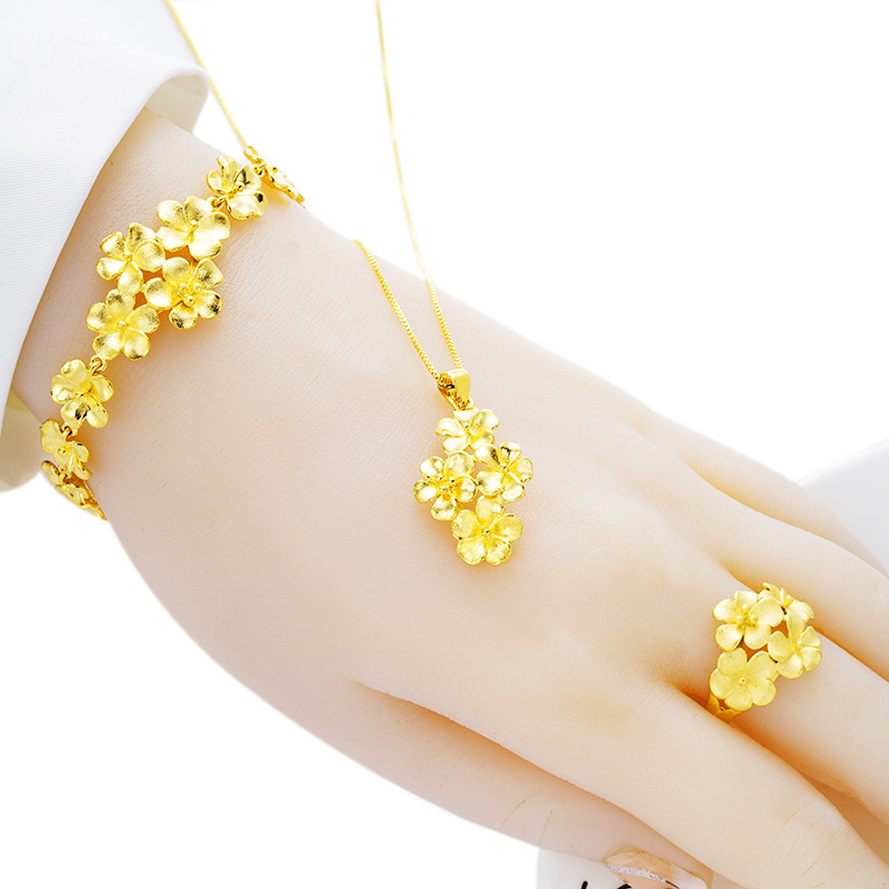 越南沙金女士花朵配饰新品仿黄金玫瑰花项链手链三件套装首饰品