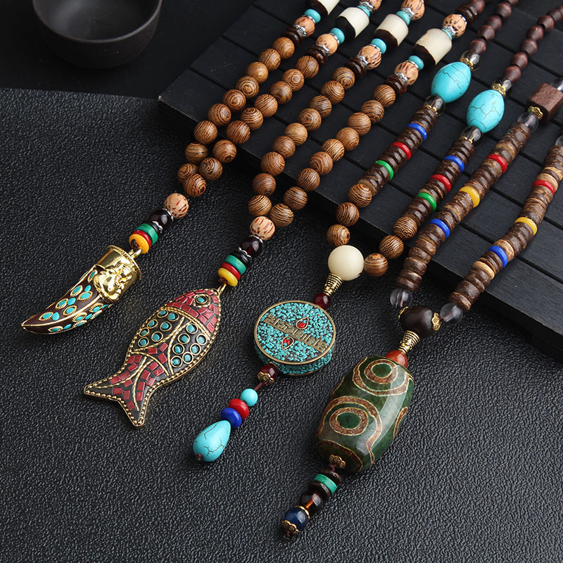 Nepal Handmade Ornament Pendant Retro Ethnic Sweater Chain Wooden Bead Necklace Long Women's Accessories Decorative Pendant