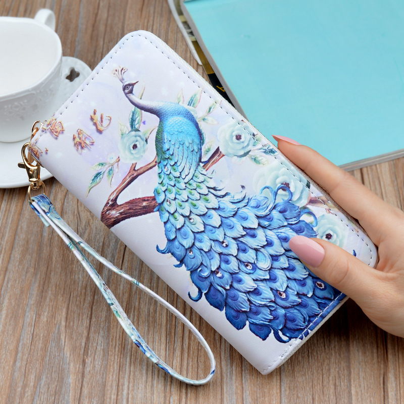 new clutch wallet ladies long zip wallet female students korean style printed peacock fashion change and mobile phone bag