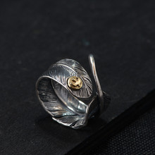 金鹿王S925银复古银铜结合工艺戒指批发开口男款可调节羽毛银指环
