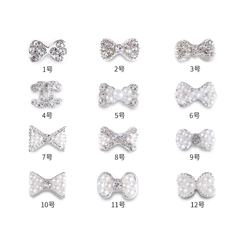 Factory Direct Sales Piple Nail Beauty Alloy Ornaments Rhinestone Pearl Bow Nail Rhinestone Sticking Nail Alloy Accessories