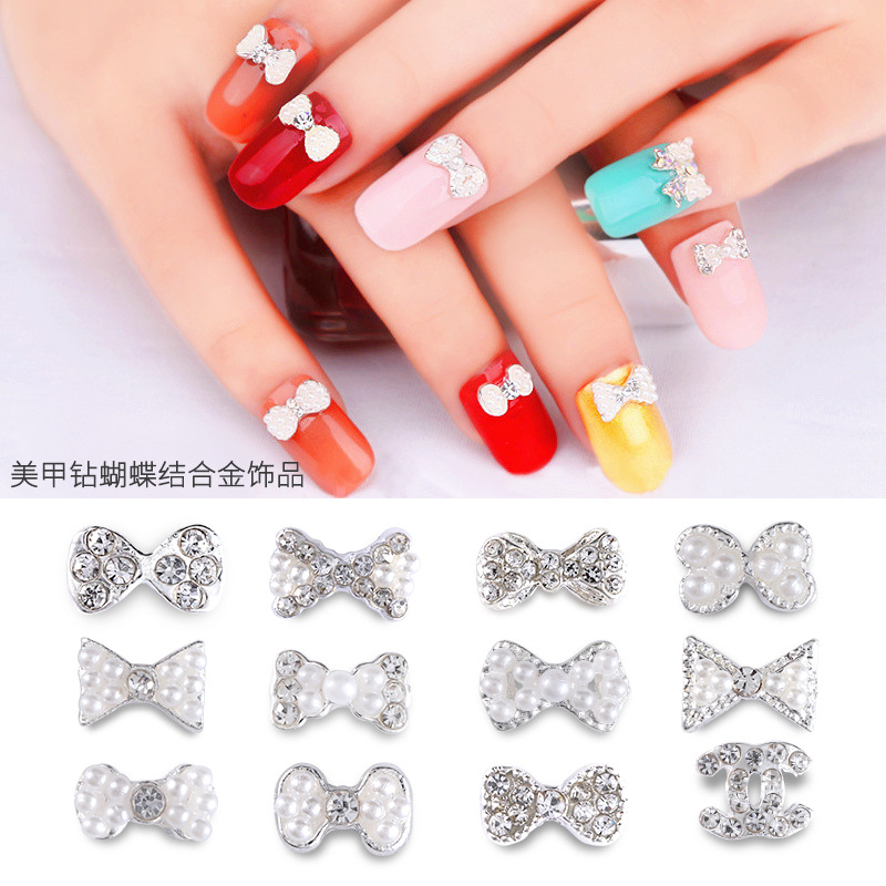 Factory Direct Sales Piple Nail Beauty Alloy Ornaments Rhinestone Pearl Bow Nail Rhinestone Sticking Nail Alloy Accessories