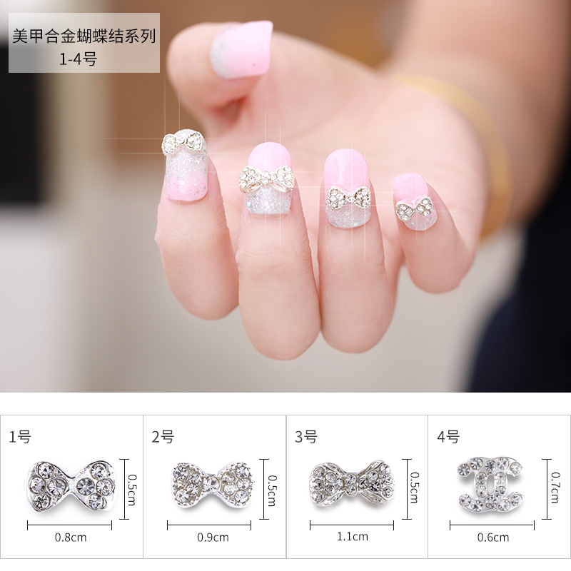 Factory Direct Sales Piple Nail Beauty Alloy Ornaments Rhinestone Pearl Bow Nail Rhinestone Sticking Nail Alloy Accessories