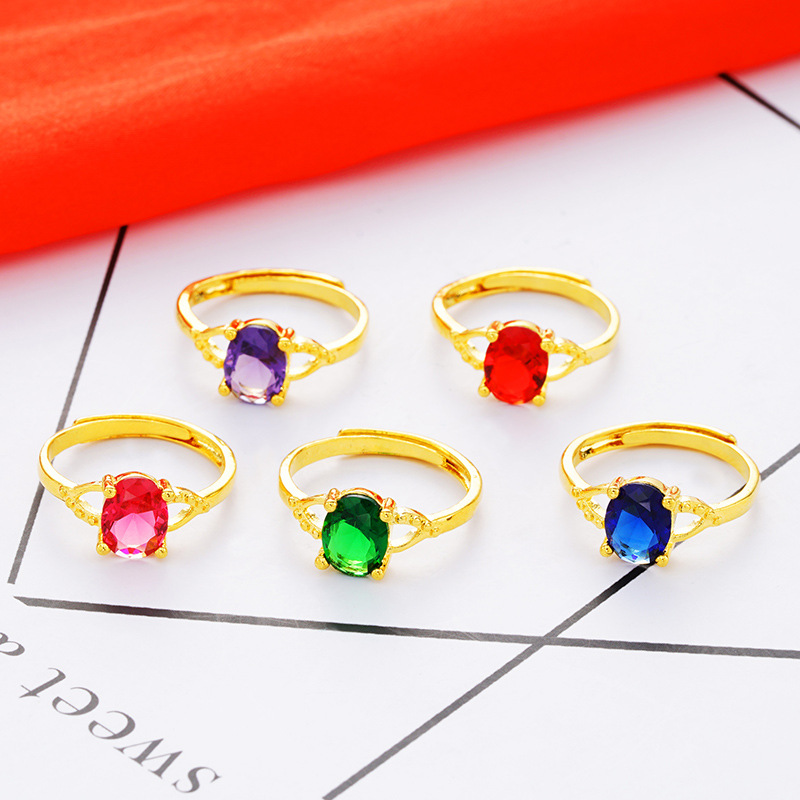 Sand Gold Imitation Color Red Gem Women's Ring Does Not Fade for a Long Time Niche Imitation Tourmaline Diamond Ring Inlaid Imitation Jade Open Ring