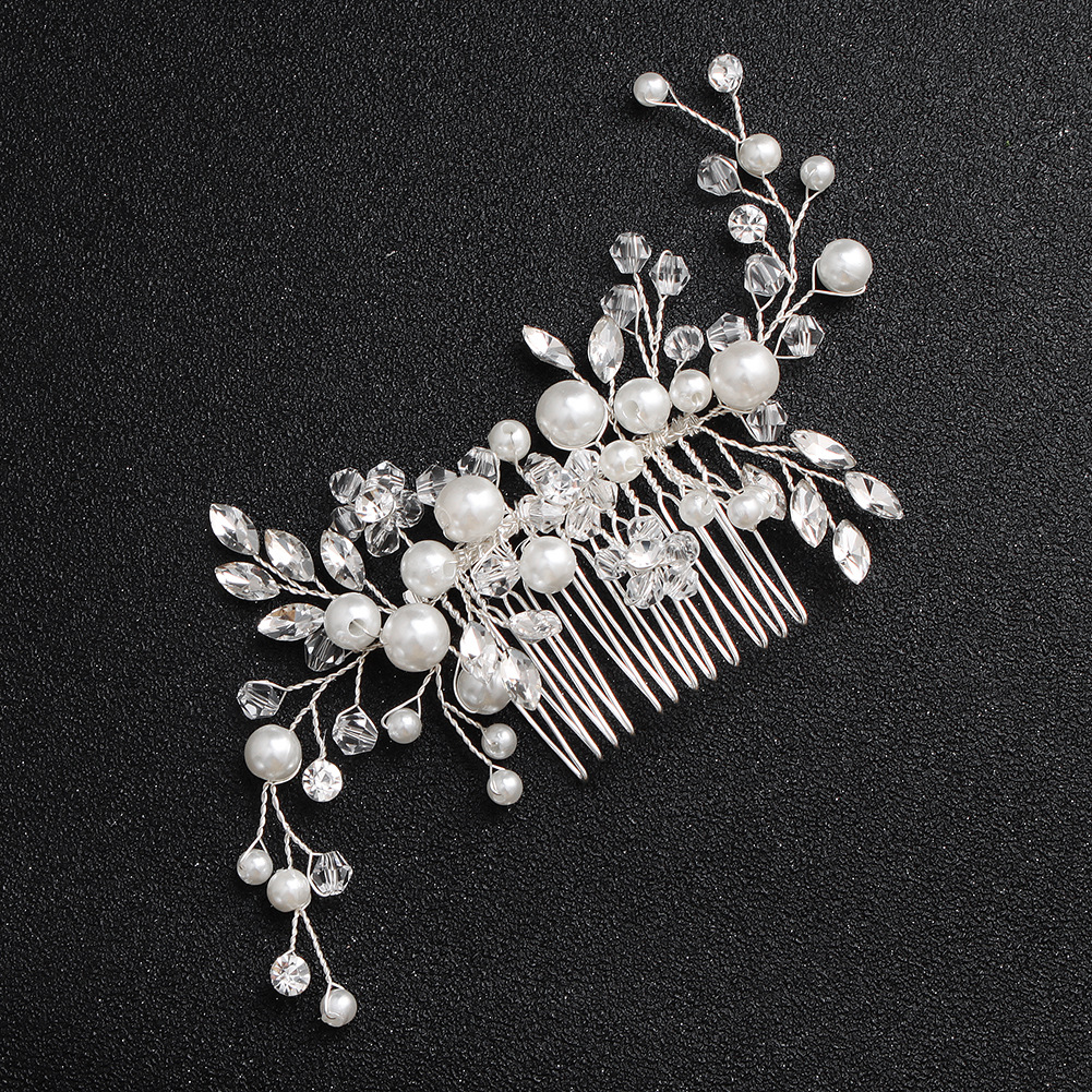 European and American Bride Pearl Hair Comb High-End Horse Eye Rhinestone Handmade Hair Comb Crystal Flowers Headdress Wedding Dress