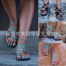 跨境外贸亚马逊大码夏季欧美沙滩凉鞋女夹趾绳结平底拖鞋女