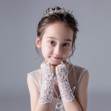 韩式蕾丝镶钻儿童婚纱花童礼服手套露指女童演出舞蹈手套装饰外贸
