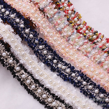 爆款 手工钉珠韩国小香风珍珠毛线编织带花边 diy发饰服装织带