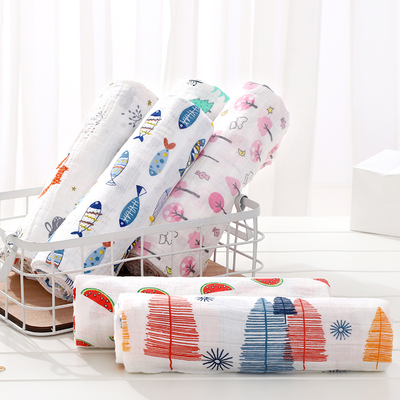 Musli Double-Layer Plaid Gauze Scarf Baby's Bath Towel Soft Cartoon Printed Baby Swaddle Stroller Towel