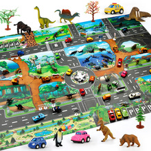 跨境儿童玩具游戏垫130*100恐龙世界交通停车场景地垫可配小动物