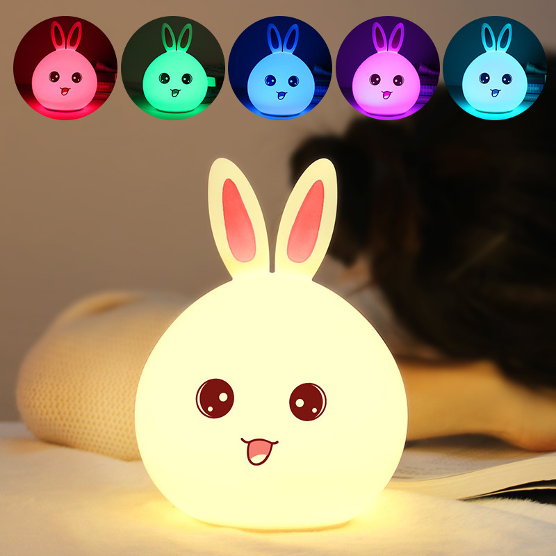 新款硅胶小夜灯七彩氛围拍拍兔子灯USB充电卧室床头灯LED礼品台灯