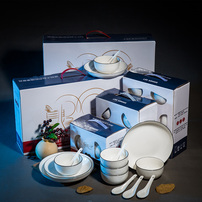 simple european black line bowl dish & plate tableware suit blue and white porcelain bowl activity gift bowl set hand gift box