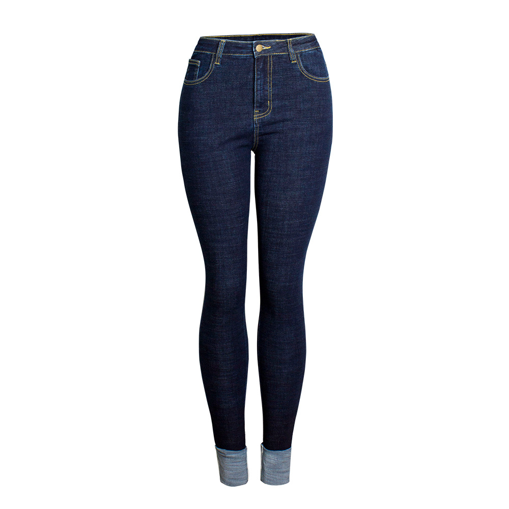 EBay European and American Women's Clothing High Waist Slim Stretch Denim Trousers Dark Color Water Scrubbing Slim Fit Curled Hem Jeans