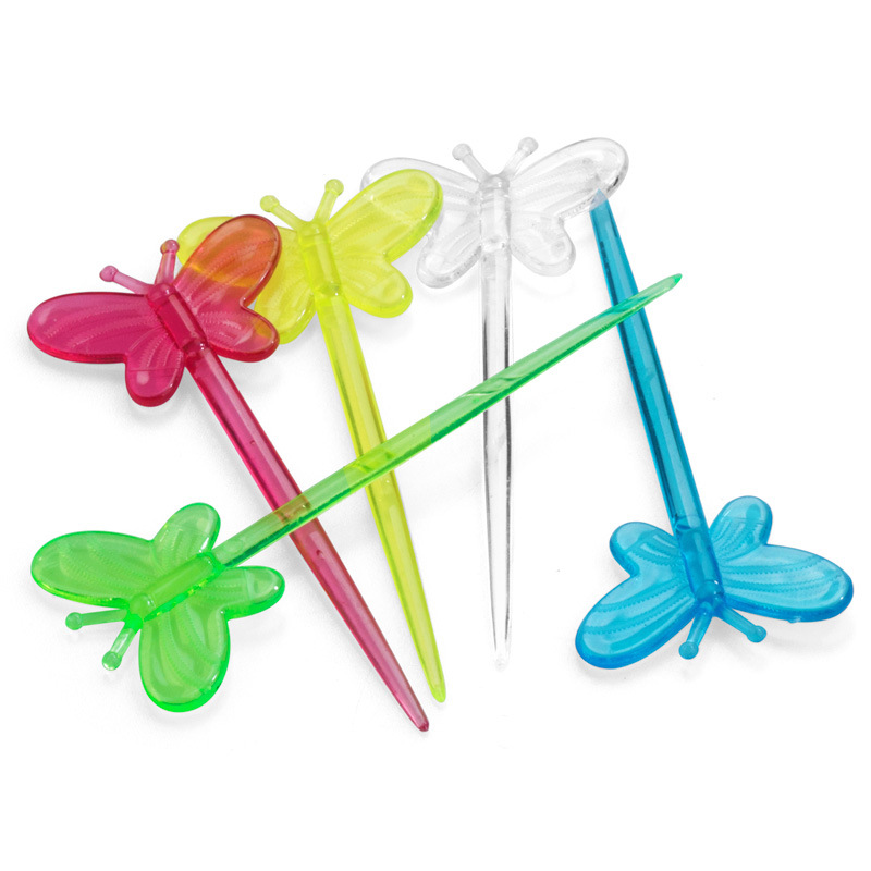 Factory Spot Plastic Colorized Butterfly Fruit Pin Butterfly Fruit Fork Disposable Plastic Fruit Prod Cake Pastry Fork