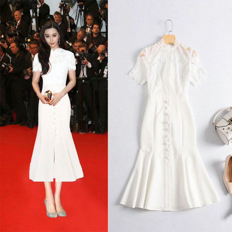 2024春夏走秀新款范冰冰明星同款修身包臀鱼尾裙礼服蕾丝连衣裙女