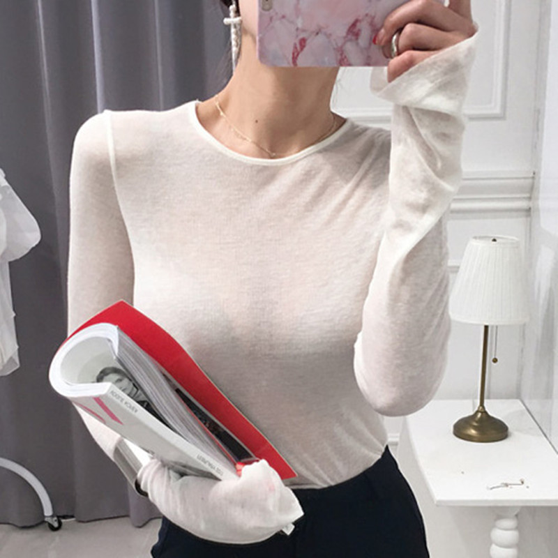 One Piece Dropshipping South Korea Dongdaemun Sexy Soft and Slightly Transparent Temptation Slim Fit Slimming round Neck Bottoming Shirt T-shirt Top Women Clothes