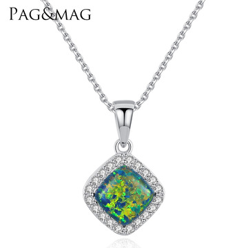 pag&mag 方形s925吊坠银镶澳宝锆石项链锁骨链女款欧美高端首饰品