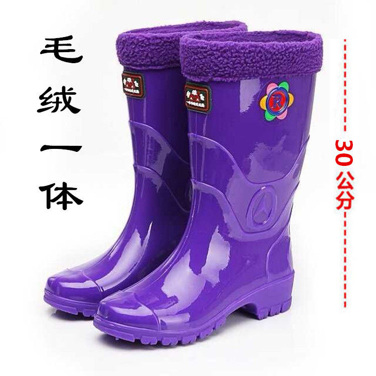 高筒保暖雨鞋女防滑耐磨纯色雨靴水鞋加棉套鞋中筒雨靴防水工作鞋