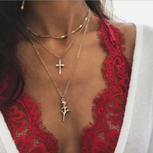 创意复古时尚波西米亚女性锁骨链 多层金色十字架玫瑰花吊坠项链