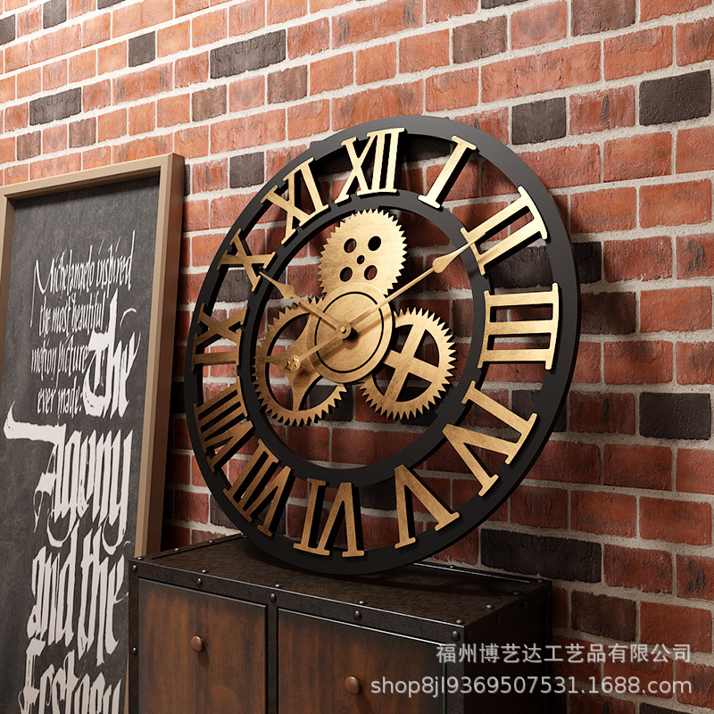 跨境热卖复古做旧木齿轮挂钟客厅时钟创意客厅酒吧咖啡厅装饰钟表