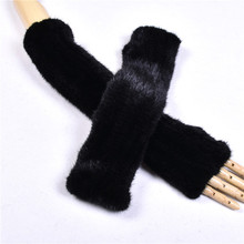 秋冬季韩版水貂毛弹力手套编织皮草半指手套中长款女针织袖子保暖