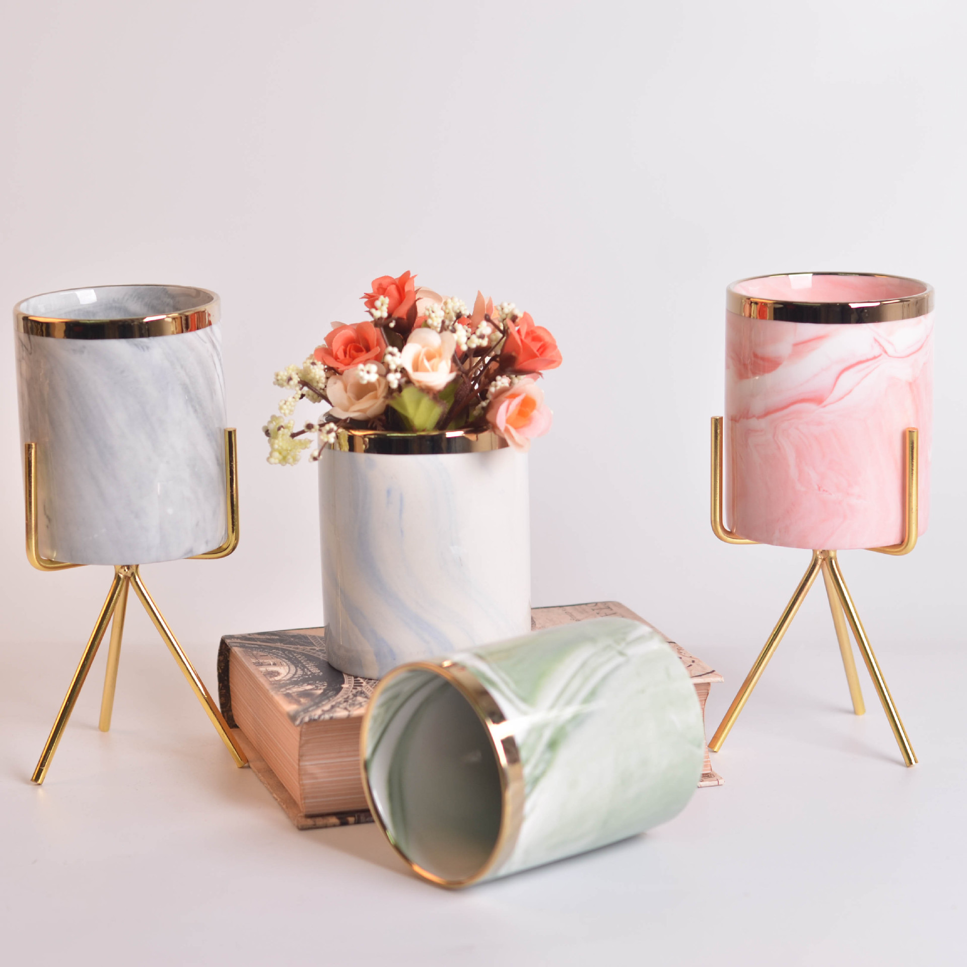 中式现代风格陶瓷花瓶家居客厅软装装饰大理石摆件景德镇摄影道具