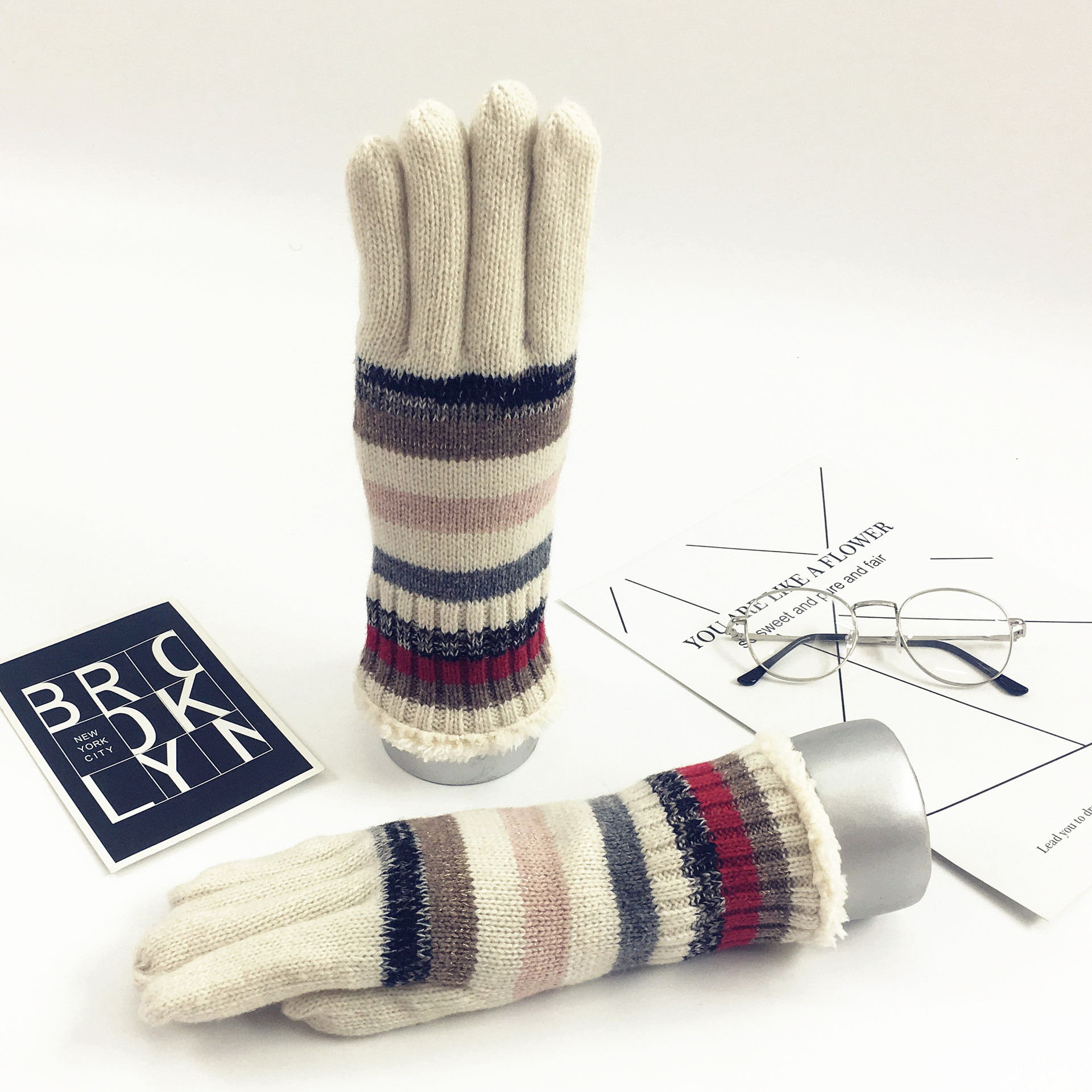 冬季手套针织羊毛手套男女加厚保暖毛线条纹防寒手套批发