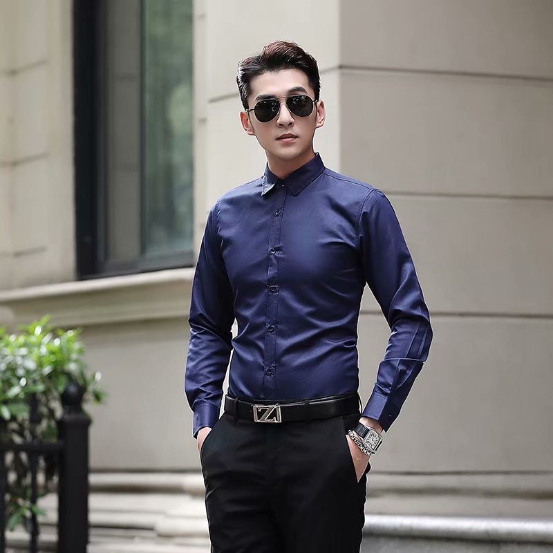Men's White Shirt Youth Korean Trendy Slim-Fitting New Men's Long-Sleeved Shirt Pure Color Ironing Free Shirt One Piece Dropshipping