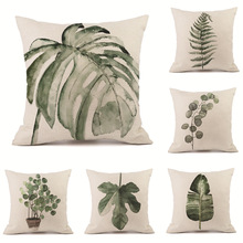小清新自然水墨画抱枕简约现代热带植物绿植靠枕沙发车用靠垫