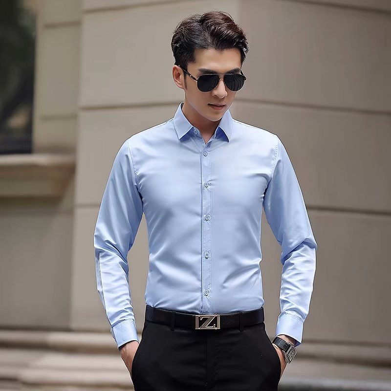 Men's White Shirt Youth Korean Trendy Slim-Fitting New Men's Long-Sleeved Shirt Pure Color Ironing Free Shirt One Piece Dropshipping