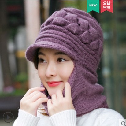 Middle-Aged and Elderly People's Hats Women's Winter Yarn Hooded PNE-Piece Suit Grandma's Hat Scarf Rabbit Fur Hat Winter Warm Mom Style Hat