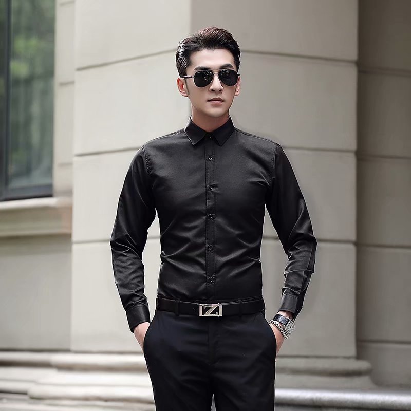 Men's White Shirt Youth Korean Trendy Slim-Fitting New Men's Long-Sleeved Shirt Pure Color Ironing Free Shirt One Piece Dropshipping