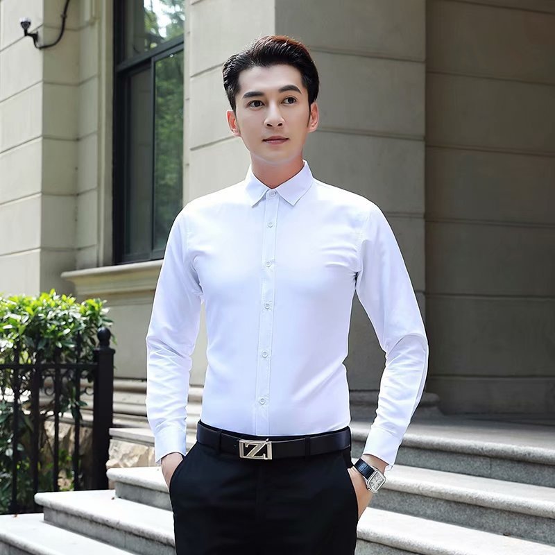 Men's White Shirt Youth Korean Trendy Slim-Fitting New Men's Long-Sleeved Shirt Pure Color Ironing Free Shirt One Piece Dropshipping