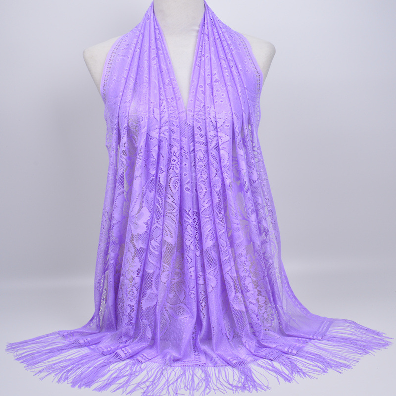 Muslim Scarf Veil Solid Color Lace Hollow Tassel Silk Scarf Women's Summer Malaysia Long Scarf Shawl