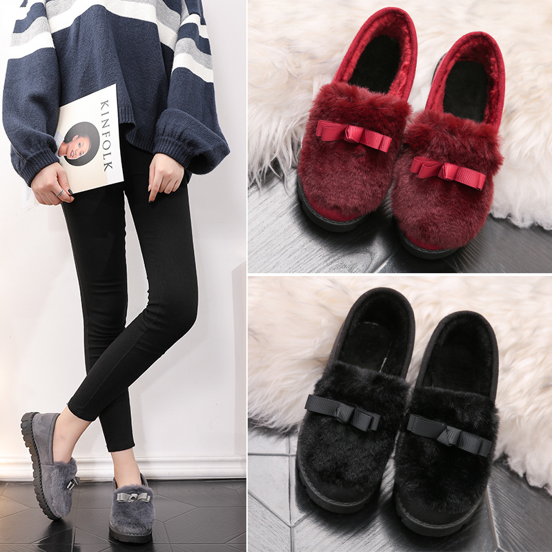 Autumn and Winter Korean Style Women's Cotton Shoes Fleece-lined Peas Shoes Students Flat Casual Non-Slip Slip-on Fluffy Shoes Warm Shoes
