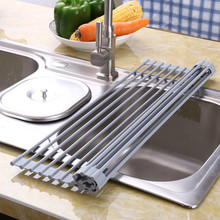 现货硅胶沥水架厨房多功能置物架水槽卷帘碗筷架不锈钢折叠滤水架