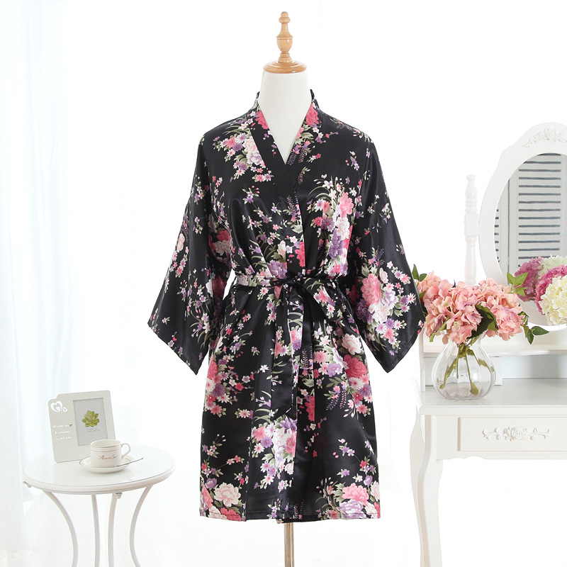 Cross-Border Wholesale Summer Foreign Trade Artificial Silk Floral Nightgown Short Kimono Bathrobe Cardigan Amazon Robe Bathrobe